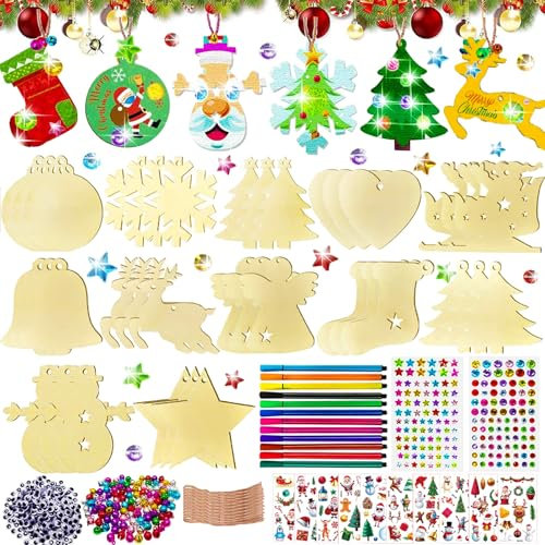 360 Stück Holz Weihnachtsbaumanhänger Bastelset, Weihnachtsbasteln Set Kinder, Ornamenten für Weihnachtsbaum, Holz Weihnachtsdeko Anhänger, Holzanhänger Weihnachten Zum Bemalen