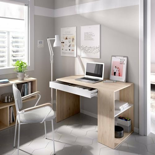 Dmora - Bureau Polyvalent pour la Chambre, Table d'étude Linéaire avec Étagères, 115x50h74 cm, Chêne et Blanc