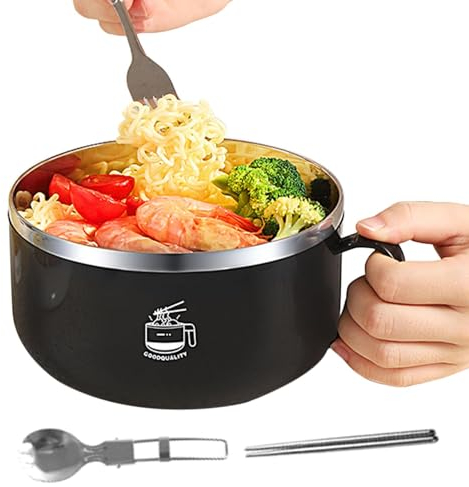 Stainless Steel Noodle Bowl With Lid - Soup Bowls With Handles | 1000ml Ramen Bowl 304 Stainless Steel With Chopstick, Spoon | Stainless Steel Instant Noodle Bowl Soup Bowl For Pasta, Salad, Cereal