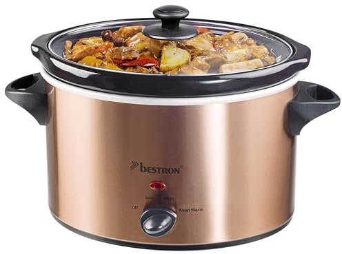 Bestron Slowcooker per 4 persone, con padella in ceramica e coperchio in vetro, termostato a 3 livelli, ideale per molti piatti come carne, zuppe e verdure, 3,5 litri, collezione di rame
