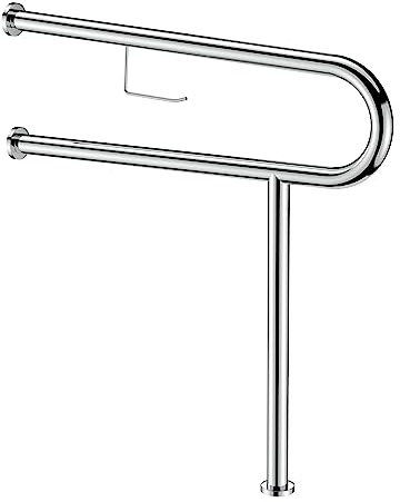 NArra Handicap - 80 cm - Support mural pour le sol - Poignées de toilettes - Acier inoxydable chromé poli - Main courante de salle de bain avec porte-rouleau de papier toilette pour les personnes