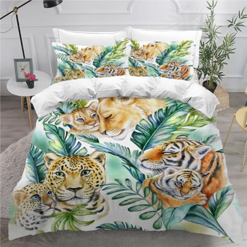 Kinderbettwäsche 135x200 Tiger Löwe Leopard Mädchen Jungen kinder 3D Druck Dschungel Tiere Bettbezug Weich Mikrofaser Sommer Bettwäsche-Sets 3 Teilig mit Reißverschluss und 2 Kissenbezüge 80x80cm