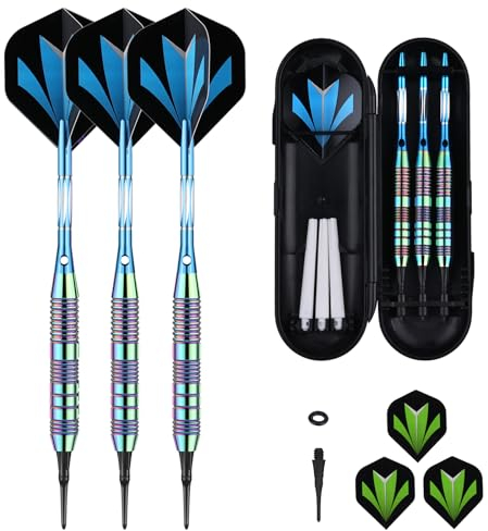 Darts Plastic Tip Set - 21g Colorful Rainbow Soft Tip Darts 50 Anti-Loose O-Rings 6 Shaft (Aluminum/Nylon 45mm) 6 Durable Flights Extra 50 Soft Tips Electronic Dartboard