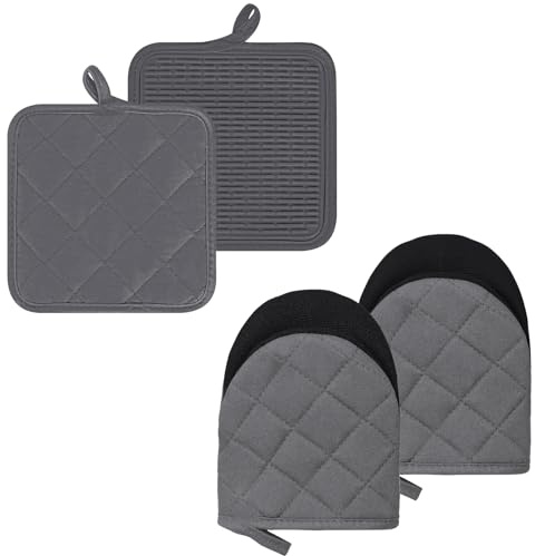 Oven Mitts and Pot Holders Set, Pack of 4, Heat Resistant Silicone Kitchen Mini Oven Mittens for 500 Degrees, Mini Oven Gloves and Hot Pads for Baking Grilling Barbecue Microwave Machine Washable