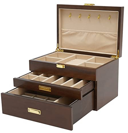 WooDerson Schmuckschatulle Mit 2 Schubladen, Rechteckig, Aus Density Board, Futter Material Plüsch, Schmuckbox Für Ringe Armbänder Ohrringe, Ausziehbare Schublade (Black Walnut)