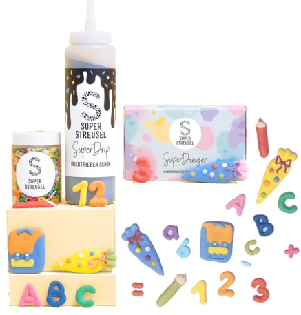Super Streusel EinschulungsSet - Backdeko für die Einschulung | Streusel, Zuckerfiguren, Drip im Vorteilsset | Kuchen Deko Essbar Einschulung