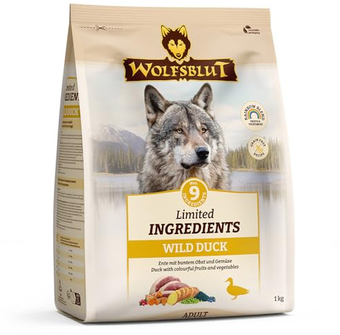 WOLFSBLUT – Wild Duck Adult Limited Ingredients | Trockenfutter mit maximal 9 Zutaten, ideal für ernährungssensible Hunde. Getreidefreies Alleinfutter ohne Zusatzstoffe im Beutel | 1kg Ente