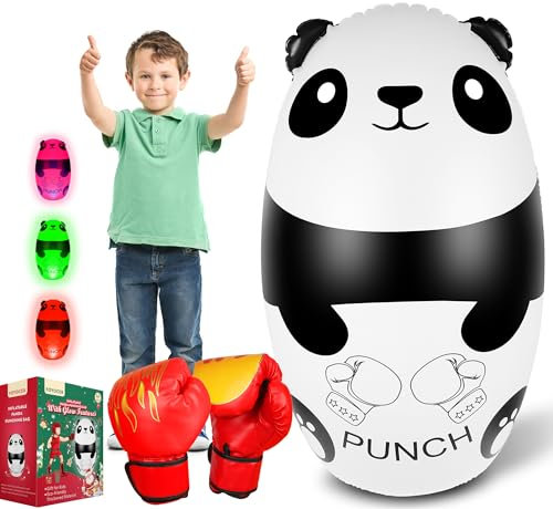 FOYOCER Boxsack Kinder mit Boxhandschuhen 120cm Beleuchten Panda Aufblasbarer Boxsack mit LED Lichtern Spielzeug für Kinder 3–9 Jungen Mädchen BPA-frei(Enthält Keine 3xAAA Batterien)
