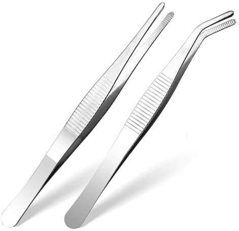 AOZUO 2 Stück 14 cm Gebogene Pinzette, Edelstahl Spitz Rutschfest Lang Stumpf Gerade Universal Abgewinkelte Pinzetten für Elektronik Laborarbeiten Wassertiere