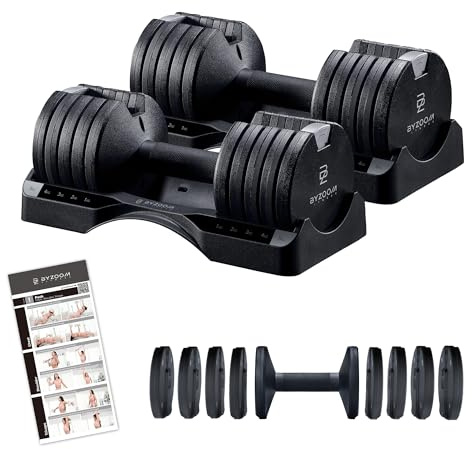 BYZOOM FITNESS Adjustable Dumbbell Set of 2, Verstellbare Hanteln 5 KG Paar Kompakt und platzsparend für Zuhause Krafttraining und Ganzkörpertraining 5-in-1 für Anfänger, Black