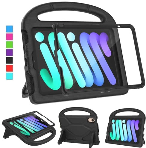 MOXOTEK Kids Case for iPad Mini 7 (A17 Pro) 2024 / Mini 6 2021, iPad Mini 7th/6th Generation Case with Screen Protector, Durable Shockproof Handle Stand Protective Cover for iPad 8.3 Inch, Black
