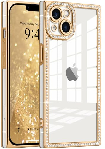 ROSEHUI Clear Glitter Phone Case for iPhone 14, Gold | Sparkly Rhinestones Soft TPU, Plating Rectangle Bumper, Camera Protection, Cute Transparent Shockproof Cover for Women Girls