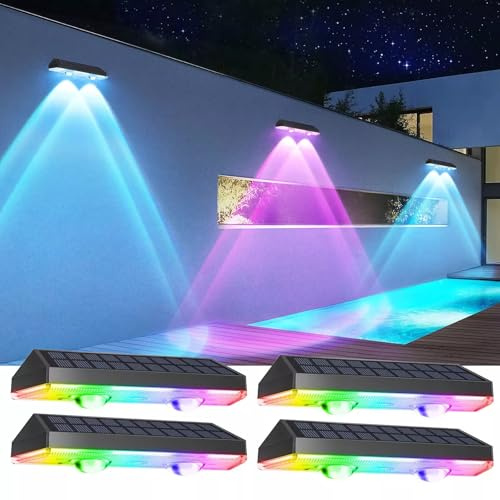 Outdoor Solar Wall Lights, Solar Fence Lights Warm White & 11 RGB Modes IP64 Waterproof Wireless Stick On Wall Lamps for Outside Garden Front Door Deck Stair Yard Railing Patio Décor (4)