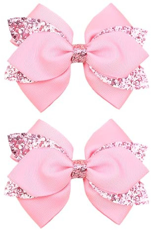 Lot de 2 nœuds à cheveux en ruban à paillettes pour filles - Pinces à cheveux scintillantes - Rose