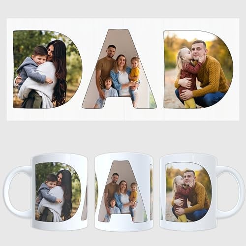 EKAM Personalised DAD Photo Mug – Custom Gift with 3 Photos in DAD Letters – Unique Father’s Day or Birthday Gift for Dad – 11oz Ceramic Coffee Cup