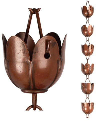 CLYB 6ft Lotus Rain Chain for Gutters Durable Antique Copper Rain Chains for Outside with 17 Large Cups Decorative Rain Catcher Chain Downspout Replacement for Outdoor Drainage & Eaves