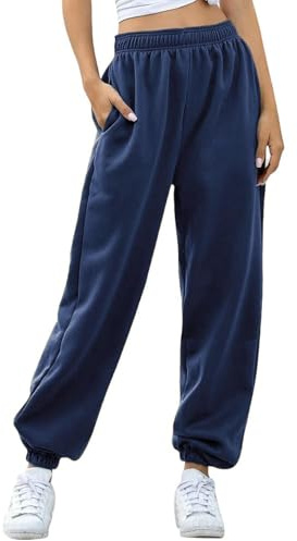 Nuofengkudu Women's Plain Baggy Fleece Tracksuit Bottoms Warm Harem Joggers Pants with Pockets Elastic Waist Thermals Tapered Leg Sweatpants Running Workout Casual Lounge Wear(F-Navy,M)