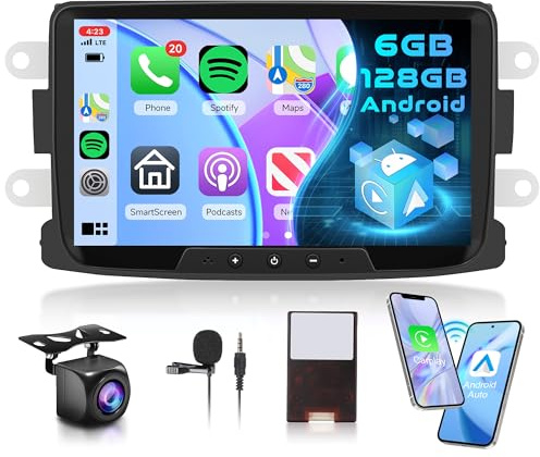 8 Core 6G+128G Android Car Stereo for Dacia Duster Sandero Logan Dokker 2010-2015 with Wireless Carplay/Android Auto, 8 Inch Touchscreen GPS WiFi Bluetooth Mirror Link FM/RDS DSP Backup Camera