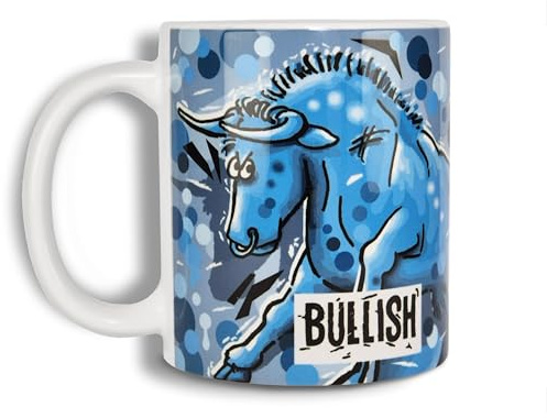FRANCIS AIR – Kaffeebecher „BULLISH“ – Handgezeichnetes Design – Ikonisches Geschenk für Trader, Börsenfreunde & Krypto-Bullen – Büro, Homeoffice, Arbeit – 325ml – Spülmaschinenfest, Mikrowellenfest