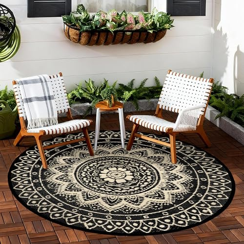 VSIWB Outdoor Teppich Rund Wetterfest Wendbarer Außenteppich Kunststoff Bodenmatte Terrassenteppich Picknickdecke UV-beständige Teppich für RV Camping BBQ Patio Deck Balkon Strand, 150cm Schwarz/Braun
