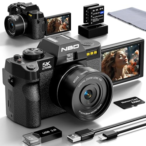 NBD 5K Digital Camera 64MP, Autofocus, 16X Digital Zoom, Black | 3 180° Flip Screen, WiFi, F1.8, 2 Batteries, 32GB Card, Vlogging, Travel