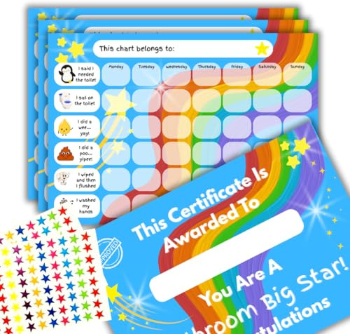 Toilet Training Reward Chart Set, 3 Weeks Toilet or Potty Training Charts with 160 Stickers and Certificate, Rainbow Theme, 350gsm Card, A4 Size (3 Chart Set, Certificate and 160 Star Stickers)