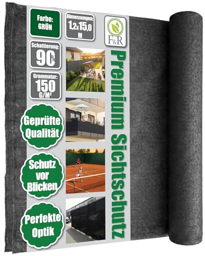 F & R Sichtschutz Garten Zaunblende I Schattiernetz Grün PE 1,2 x 15 m 150 g/m² I Sichtschutzmatte für Zaun & Garten, UV-stabil, wetterfest