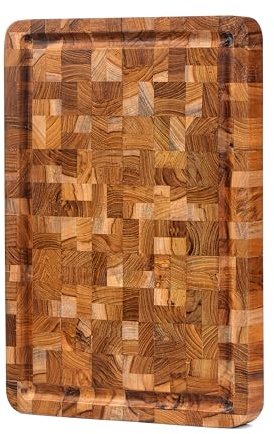Hazelton Oaks Teak End Grain Chopping Board 35 x 25 x 2.6 cm - Heavy Duty Butcher Block Cutting Board with Juice Groove - Knife Friendly Wooden Kitchen Board for Meat & Food Prep