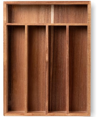 Fibogollo Silverware Organizer Acacia Wood Kitchen Drawer Organizer with 5 Slots Flatware Organizer Tray for Kitchen, Flatware, Utensils