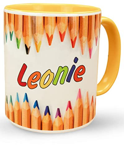 Werbetreff Gera Keramiktasse mit Name & Motiv Buntstifte - Personalisierte Kinder-Tasse - Geschenk-Idee für Schulkind - Schule, Schulstart & 1 Klasse