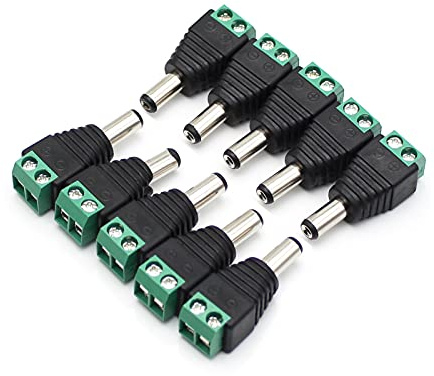 LightingWill 10-Pack 5.5 × 2.1mm Male DC Power Jack Connectors, Screw-Terminal Barrel Plug Adapters for 12 V CCTV Cameras and LED Strips