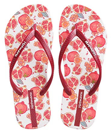 Hotmarzz Damen Zehentrenner Süßes Blumen Obst Muster Sandalen Schwimmbad Mädchen Flache Folien Flip Flops Größe 38 EU, Granatäpfel, Wein Rot