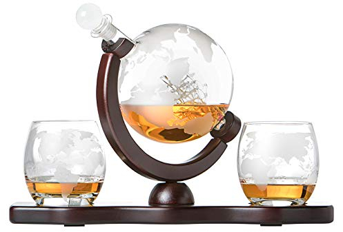 polar-effekt Whiskyset Glas-Karaffe Globus Segelschiff mit gravierter Weltkarte, 2 Whiskygläser - Flasche mit luftdichtem Verschluss, Tumbler Gläser - Decanter 850ml Geschenkidee