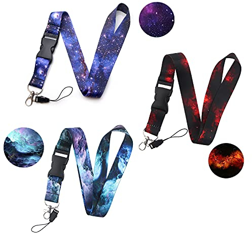 DMLSKY 3 Stück Schlüsselbänder für Schlüssel, Umhängeband, Schlüsselanhänger für Damen, Herren, Kinder, Schlüsselband für Ausweise, Teenager, Mädchen, Galaxie, ID-Schlüsselband, blau, lila, rot