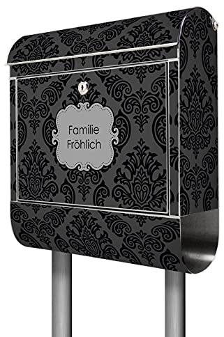 banjado® Briefkasten mit Standfuß personalisiert Motiv Black Deluxe - Stand Briefkasten Edelstahl mit Zeitungsfach - Postbox/Postkasten A4 Einwurf inkl. Montagematerial & 2 Schlüssel