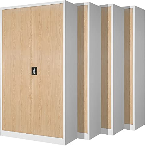 Jan Nowak 4er Set Aktenschrank C001H Büroschrank Metallschrank Stahlschrank Werkzeugschrank Stahlblech Pulverbeschichtet Flügeltürschrank Abschließbar 195 cm x 90 cm x 40 cm (weiß/holzoptik)