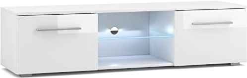 Domando Lowboard Rossano M2 Modern für Wohnzimmer Breite 140cm, LED Beleuchtung in blau, Push-to-Open-System, Weiß Matt und Weiß Hochglanz