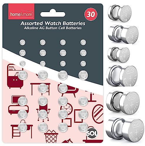 SOL 30pcs Assorted Watch Batteries, Mixed Alkaline AG Button Battery for Calculator, Toys, Remotes & Pacemaker, Assorted Sizes LR41 SR626SW GPA76 L736 LR626 AG13 LR44, High Performace Power Source