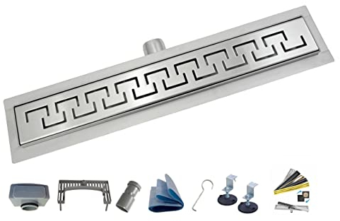AQUA HEATING Griechisch linearer Edelstahl-Bodenablauf superflach Einbauhöhe 54mm Komplettset Badezimmer mit bodengleicher Dusche, Duschrinne Ablaufgarnitur-Set, Duschablauf Siphon Rost 60 cm silber