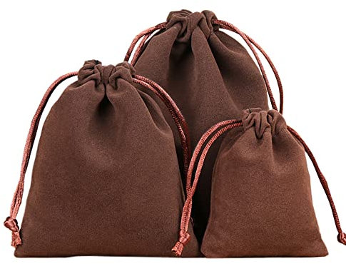 Lot de 6 sachets en velours pour bijoux - Petits sacs en tissu avec cordon de serrage - 5 x 7 cm - Marron