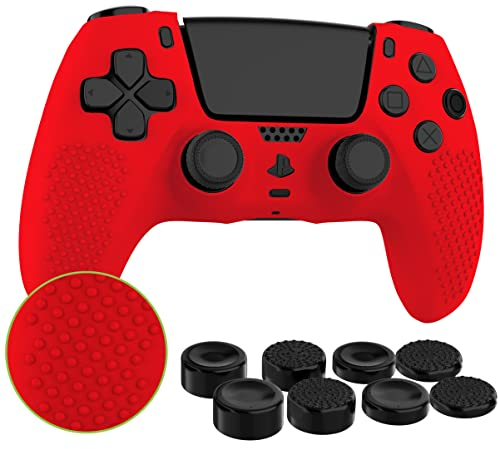 MyGadget Housse Silicone Compatible avec Manette PS5 - INCL. 8 Capuchons pour Joysticks (Petits | Grands) - Coque pour Playstation 5 Dualsense Wireless en Rouge
