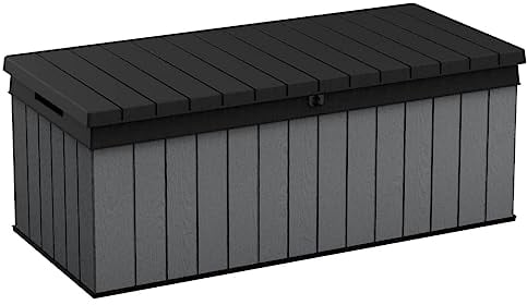 Keter Darwin Auflagenbox, Kissenbox, 380 l, Grau – Hydraulisches Kolbensystem mit Gasdruckfeder für Deckel, Abschließbar, Pflegeleicht, Holzoptik, Polsterbox