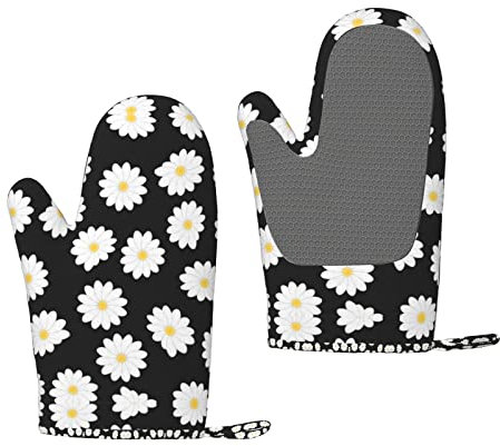 Grillhandschuhe aus Silikon, hitzebeständig, mit Gänseblümchen-Muster, für Grill, Kochen, Weiß