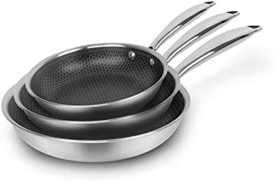 Qulinart by Brandt, Padella in acciaio inossidabile Triply, rivestimento a nido d'ape antiaderente e antigraffio, tutte le luci incluse induzione, senza PFOA né coperchio, argento... (set di 3 pezzi)