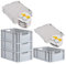 PROREGAL SuperSparSet 4x Eurobox NextGen Grip mit Scharnierdeckel und gelben Schiebeschnappverschlüssen, HxBxT 22x40x60cm, 44 L, Grau, Griffe offen, Eurobehälter, Transportbox