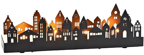 4er Teelichthalter - Strassenkulisse Altstadt-Häuser - Schattenspiel - aus Metall und Holz 19 cm - schwarz Tischdeko Kerzenhalter Windlicht Weihnachtsdeko Wohnaccessoire Dekoration Geschenkidee