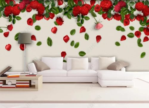 Fototapete Rote Rosen, Grüne Blätter Foto Tapete 3D Effekt Tapeten Vliestapete Wandbilder Wanddeko -334991 200x140cm