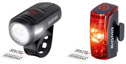 SIGMA SPORT - Aura 45 | LED Fahrradlicht 45 Lux | StVZO zugelassenes, akkubetriebenes Vorderlicht & - Infinity | LED Fahrradlicht mit 16h Leuchtdauer | StVZO zugelassenes, akkubetriebenes Rücklicht