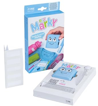 MARKY C166666 - Stempel Set in Hellblau, mit schwarzer Tinte zum Beschriften verschiedener Gegenstände und Kleidung, inkl. austauschbarer Stempel, einer Pinzette und Sticker, Blau