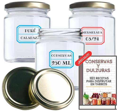 12 Tarros de Cristal de 250 ml + 12 Tapas Extra de Rosca Hermética + Ebook de 102 Recetas - Tarros para potitos, Conservas, Postres, Mermelada, yogur, salsas - Incluye Etiquetas (24 Tapas Doradas)